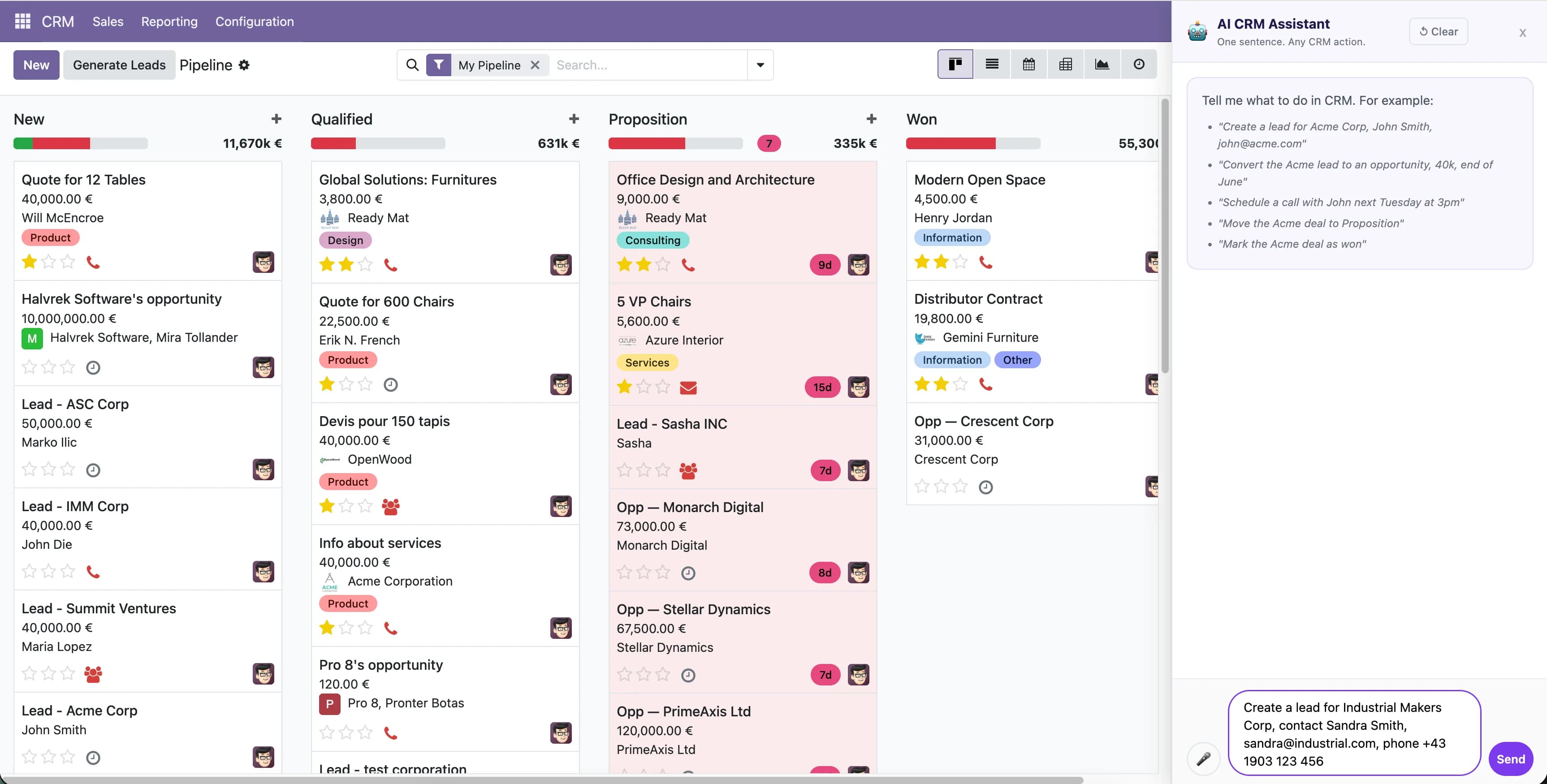 Odoo pipeline with the CRM Agent panel open. A sentence asking it to create a lead is typed into the panel.
